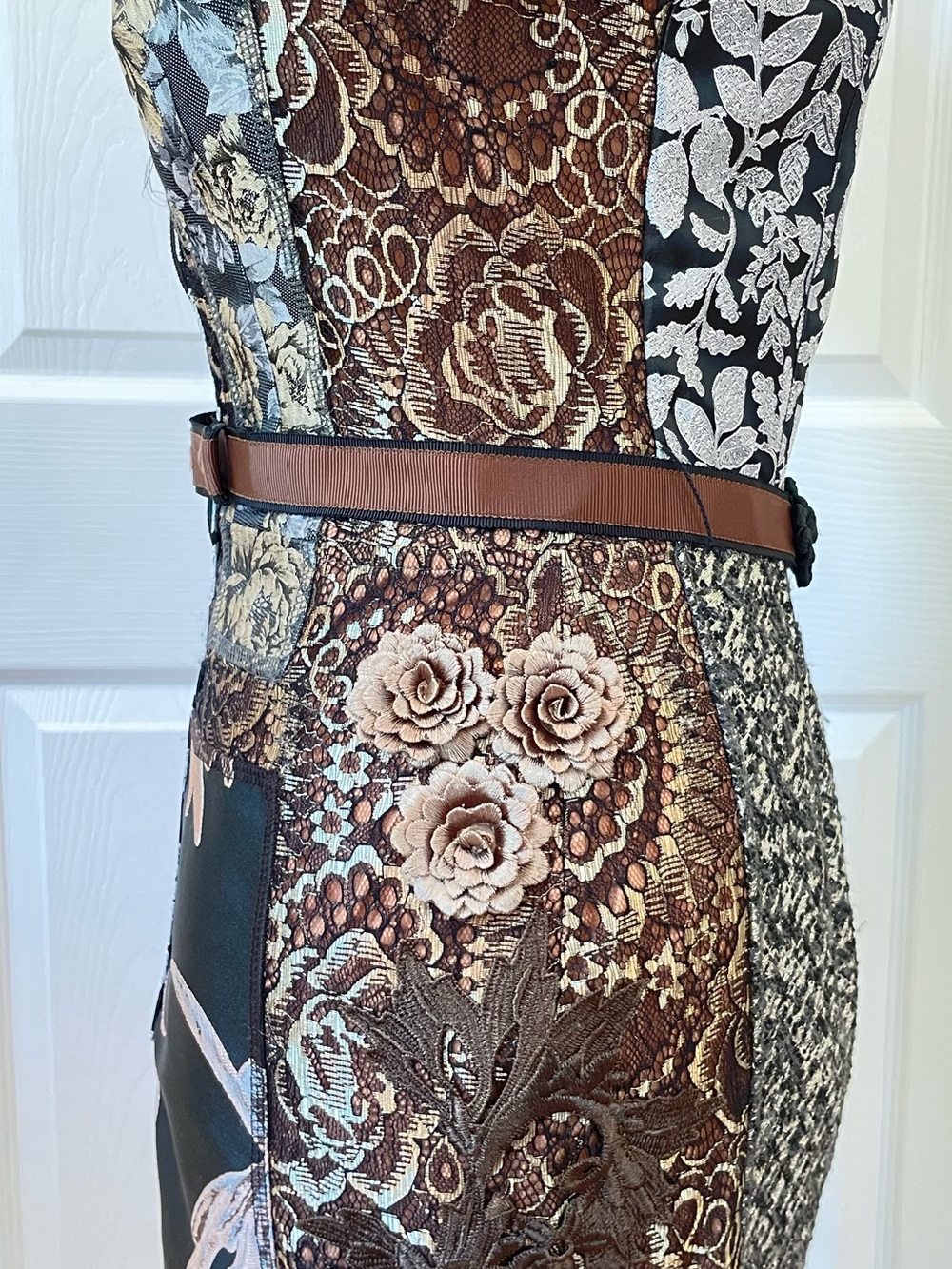 Floral Panel Mixed-Print Sheath Dress - Black/Brown - Picture 5 of 9
